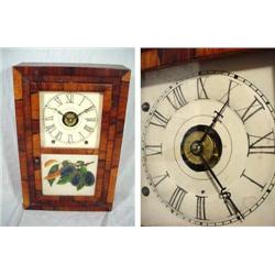 SETH THOMAS OF THOMASTON AND DAY COTTAGE BEVELED OG; THOMASTON LABEL WITH PLYMOUTH MOVEMENT LABEL AN