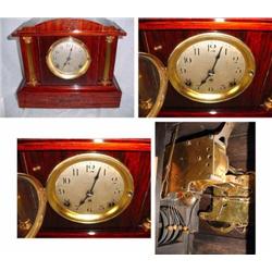 SETH THOMAS SONORA CHINE 4 BELL RED MAHOGANY ADAMANTINE; GOOD SHAPE; 1910. 13.75"X15"X7". VALUATION: