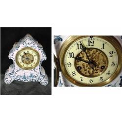 WATERBURY DELFT CHINA TIME AND STRIKE MANTEL; FRENCH SASH, PORCELAIN DIAL. 1900-1910. 11.75"X11"X4".