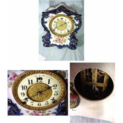 GILBERT MODEL 417 COBALT BLUE CHINA MANTEL TIME AND STRIKE 8 DAY AMERICAN SASH WITH PORCELAIN DIAL. 