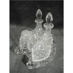 CUT CRYSTAL CRUET SET INCLUDING TRAY, DRESSING BOTTLES WITH BEAUTIFUL PRISMED STOPPERS, SUGAR BOWL W