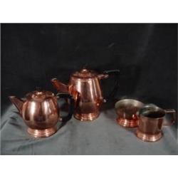 COPPER TEA AND COFFEE SET INCLUDING A TEA-POT 5.25"X4", COFFEE POT, 7"X4.5"  SUGAR 2"X3.25", AND CRE