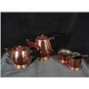 Image 1 : COPPER TEA AND COFFEE SET INCLUDING A TEA-POT 5.25"X4", COFFEE POT, 7"X4.5"  SUGAR 2"X3.25", AND CRE