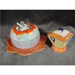 COLLECTION OF LUSTREWARE INCLUDING A HAT PIN HOLDER AND A  HONEY POT BOWL WITH LID AND ATTACHED PETA