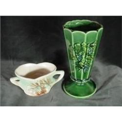 TWO PIECES OF  MCCOY POTTERY INCLUDING A GREEN GLAZED AND FLORAL EMBOSSED VASE 7"X3.5" AND A SUGAR B