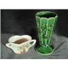 Image 1 : TWO PIECES OF  MCCOY POTTERY INCLUDING A GREEN GLAZED AND FLORAL EMBOSSED VASE 7"X3.5" AND A SUGAR B