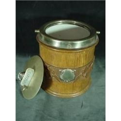 WOODEN HUMIDOR WITH CERAMIC INTERIOR, BRASS HARDWARE INCLUDING TRIM, LID, AND HANDLE. 5"X5". UNDERSI