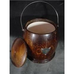 WOODEN HUMIDOR WITH CERAMIC INTERIOR AND SILVER METAL HANDLE.  FINIAL ON TOP OF WOODEN LID IS MISSIN