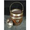 Image 1 : WOODEN HUMIDOR FASHIONED AFTER A BARREL WITH BRASS HARDWARE INCLUDING LID, BARREL RINGS, AND HANDLE 