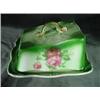 Image 1 : PORCELAIN CHEESE KEEPER HAND PAINTED IN A PINK ROSE MOTIF ON GREEN, TWO PIECES. 4.5"X7"X8".