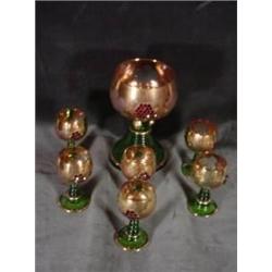 ITALIAN LIQUEUR SET INCLUDING CARAFE AND SIX DEMITASSE CUPS.  ALL HAVE GREEN RIBBED STEMS AND GOLD C