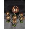 Image 1 : ITALIAN LIQUEUR SET INCLUDING CARAFE AND SIX DEMITASSE CUPS.  ALL HAVE GREEN RIBBED STEMS AND GOLD C