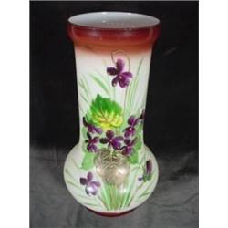 HAND PAINTED FLORAL MOTIF ON OPAQUE VASE WITH BROWN RIM AND BASE.10.5"X5.5".