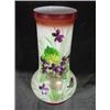 Image 1 : HAND PAINTED FLORAL MOTIF ON OPAQUE VASE WITH BROWN RIM AND BASE.10.5"X5.5".