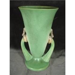 ROSEVILLE POTTERY VASE NUMBERS 747-10 IN A MOSS GREEN MATTE GLAZE WITH TEXTURED HANDLES.10.5"X6.25"