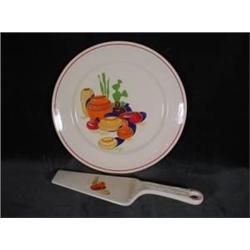 KITCHEN KRAFT HAND PAINTED  OVEN SERVE PLATE WITH MATCHING SPATULA. 9.25"X2.5".