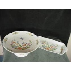 ANYSLEY HAND PAINTED PORCELAIN RECTANGULAR PLATE 4.5"X10.5" AND MATCHING PEDESTAL CAKE PLATE 12.5"X6