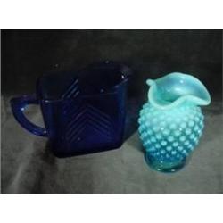TEAL COLORED HOBNAIL SMALL VASE WITH RUFFLED RIM. 4" AND COBALT BLUE RECTANGULAR CREAM PITCHER. 3.25