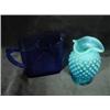 Image 1 : TEAL COLORED HOBNAIL SMALL VASE WITH RUFFLED RIM. 4" AND COBALT BLUE RECTANGULAR CREAM PITCHER. 3.25