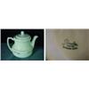 Image 1 : PORCELIER TEA POT MARKED VITREOUS CHINA IN A CREAM COLOR WITH RUST BORDER AND FLORAL DESIGN. 5.5"X8.