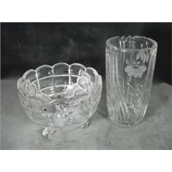 MATCHING SET OF HAND CUT CRYSTAL ON A GEOMETRIC GRID BASE WITH FLORAL MOTIF INCLUDING A VASE 6.5"X3.