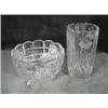 Image 1 : MATCHING SET OF HAND CUT CRYSTAL ON A GEOMETRIC GRID BASE WITH FLORAL MOTIF INCLUDING A VASE 6.5"X3.