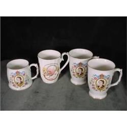 COLLECTION OF FOUR ROYAL ALBERT CHINA MUGS, MADE IN ENGLAND COMMEMORATING THE CORONATION OF ELIZABET