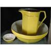 Image 1 : ACME, ENGLAND THREE PIECE WASHSTAND SET INCLUDING LARGE YELLOW BOWL WITH BLACK ACCENTS 6"X15", A MAT