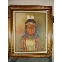 SIGNED FRAMED AND MATTED OIL ON CANVAS BY ARTIST STONE OF PORTRAIT OF NATIVE AMERICAN CHILD. 27.5"X2