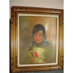 SIGNED FRAMED AND MATTED OIL ON CANVAS BY ARTIST STONE OF PORTRAIT OF NATIVE AMERICAN CHILD. 27.5"X2