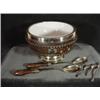 Image 1 : WOODEN SALAD SERVER STAND WITH BRASS HARDWARE AND PORCELAIN BOWL INSERT.  SALAD FORK AND SPOON, PLUS