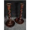 Image 1 : WOODEN CANDLE STICKS WITH BARLEY TWIST STEMS. 10"X5".