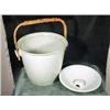 Image 1 : PORCELAIN CHAMBERPOT WITH WOODEN HANDLE. 11.5"X12".