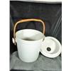 Image 1 : PORCELAIN CHAMBERPOT WITH WOODEN HANDLE. 11.5"X12".