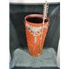 Image 1 : RUSTIC SOFT SUEDE, FEATHER, AND CONCHO DECORATED TALL CONTAINER WITH HANDLES AND DECORATIVE ARROW. 1