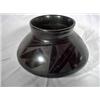 Image 1 : SIGNED NATIVE AMERICAN BLACK CERAMIC POT WITH ETCHED INDIAN SYMBOLS DECORATING THE BODY. PIECE IS SI