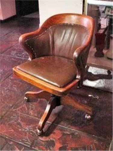 Antique Wood And Leather Desk Chair With Brass Tack Finish And Casters 34 X23 5x17