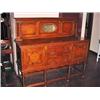 Image 1 : ENGLAND SIDEBOARD WITH BARLEY TWIST LEGS AND BRASS HARDWARE.  AN OVAL BEVELED GLASS MIRROR RESTS IN 