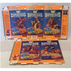 5 WWF SUPERSTARS CEREAL BOXES - HULK HOGAN-ULTIMATE WARRIOR - -LEGION OF DOOM AND OTHERS