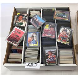 BOX OF NASCAR TRADING CARDS - 2 ROWS OF SLEEVED + MISC
