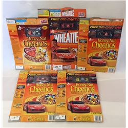 5 GENERAL MILLS CEREAL BOXES WITH DIE-CAST CARS ATTACHED
