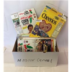 BOX OF 73 MISC NASCAR CEREAL BOXES - CHEERIOS - CORN FLAKES ETC