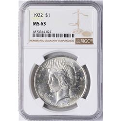 1922 $1 Peace Silver Dollar Coin NGC MS63
