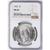 Image 1 : 1922 $1 Peace Silver Dollar Coin NGC MS63