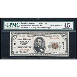 1929 $5 Eureka, Nevada CH# 11784 SERIAL #1 National Currency Note PMG Choice XF4
