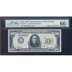 1934 $500 Federal Reserve Note Chicago Light Green Seal PMG Gem Uncirculated 66E
