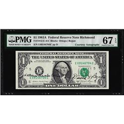 1981A $1 Federal Reserve Note Dual Courtesy Autographs PMG Superb Gem Unc. 67EPQ