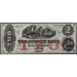 1800's $2 Sussex Bank New Jersey Obsolete Note