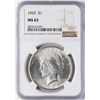 Image 1 : 1925 $1 Peace Silver Dollar Coin NGC MS63