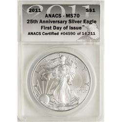 2011 $1 American Silver Eagle Coin ANACS MS70 First Day of Issue